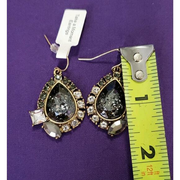 Teardrop Dangle Rhinestone Earrings Smokey Clear Lace Like Design Brass Tone New - Picture 6 of 7